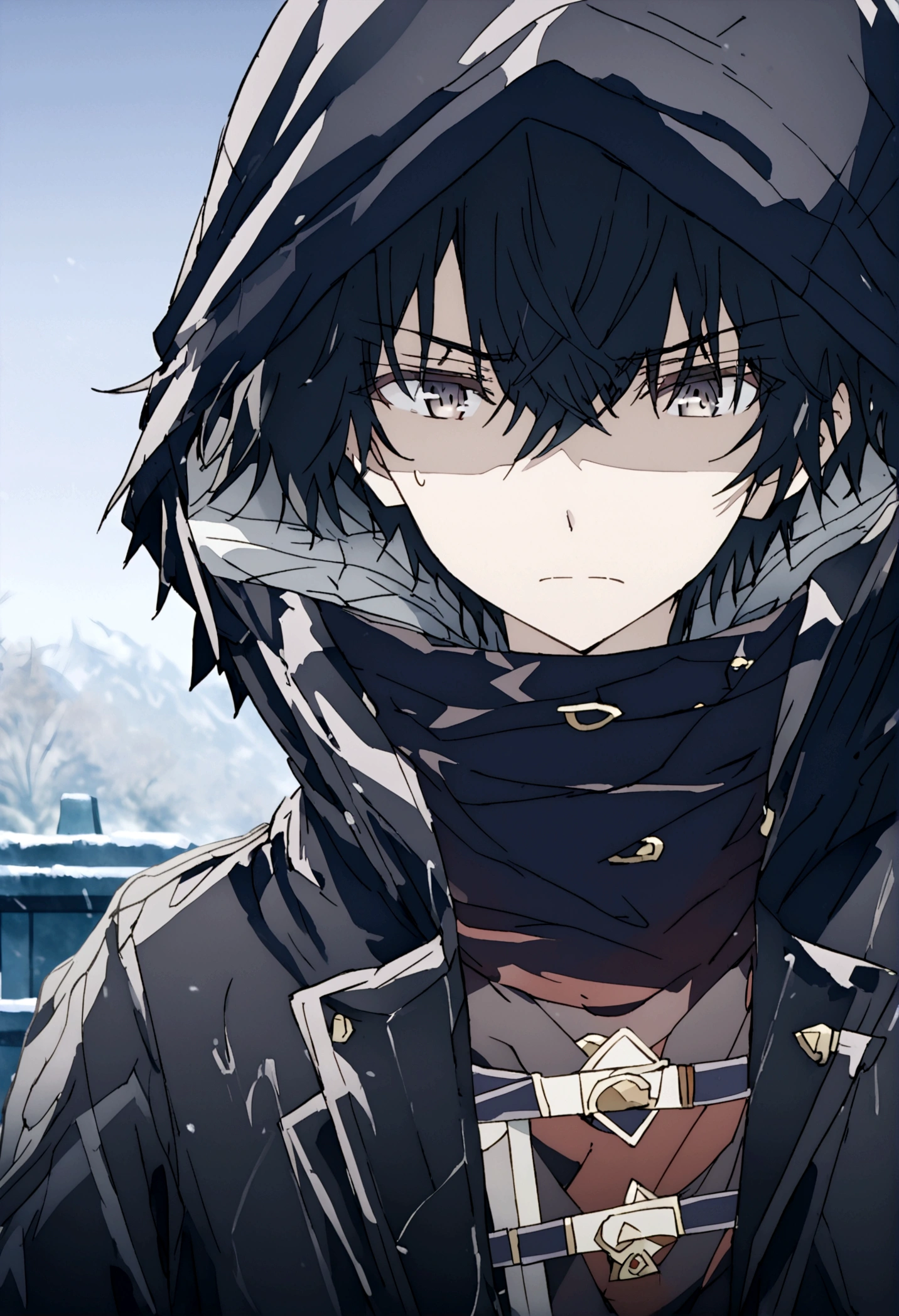 Anime male, black hair, black clothing, tired face expression, best quality, wise, cold-hearted, cool, solo, black hood on, black cloak, black bandages covering left eye, right eye white