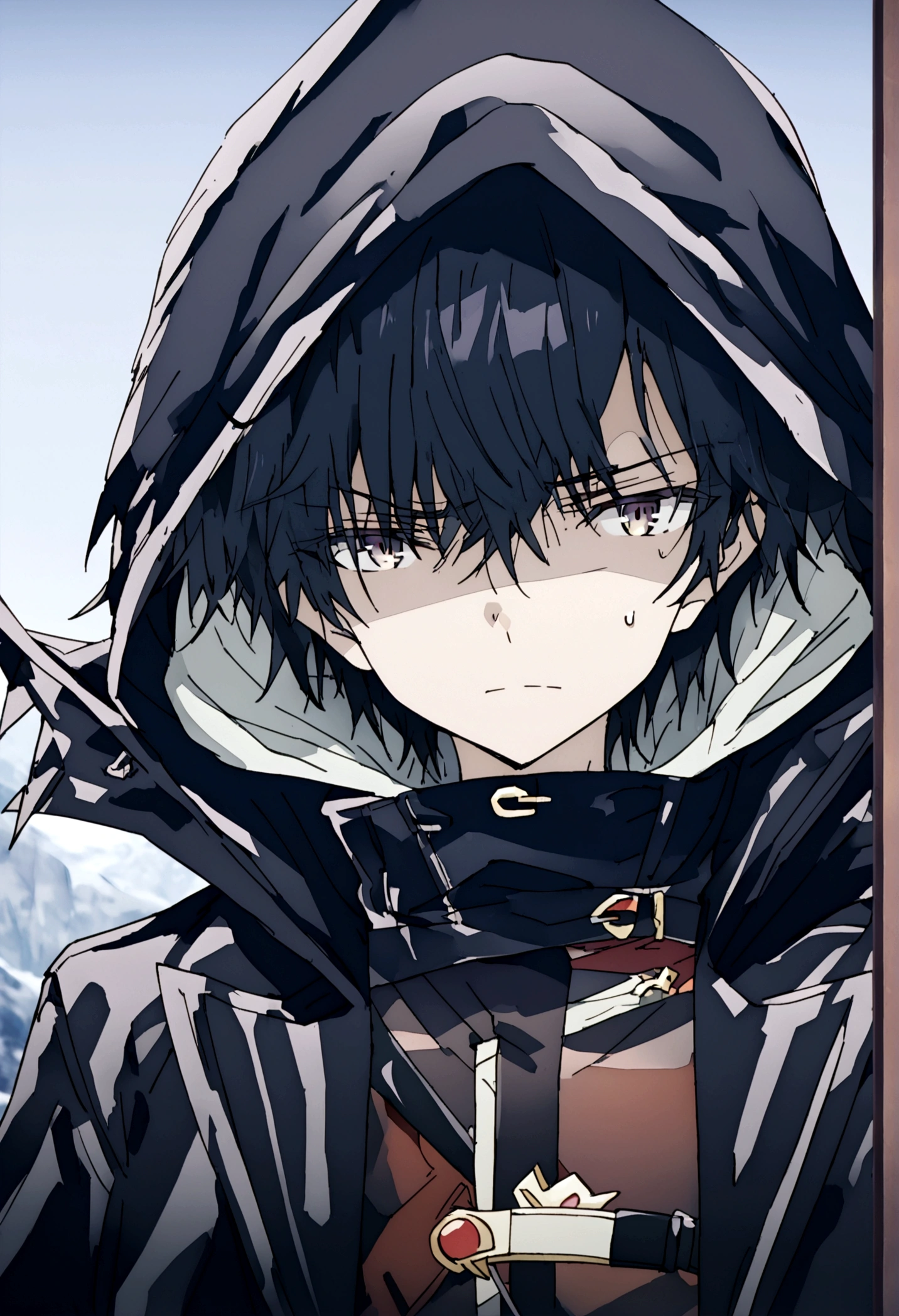 Anime male, black hair, black clothing, tired face expression, best quality, wise, cold-hearted, cool, solo, black hood on, black cloak, black bandages covering left eye, right eye white