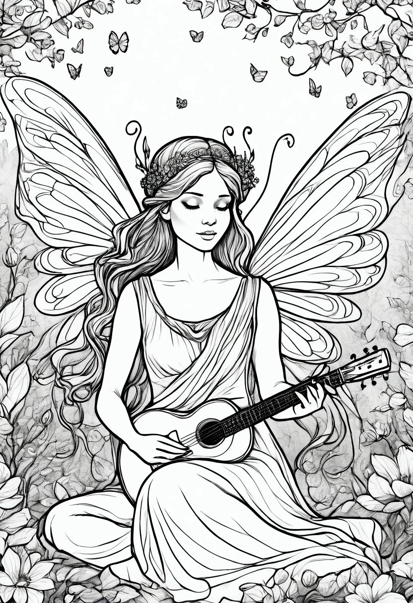 A fairy serenading the forest with a magical song as flowers bloom around her. clean line art, white background, colouring page, clean outline,