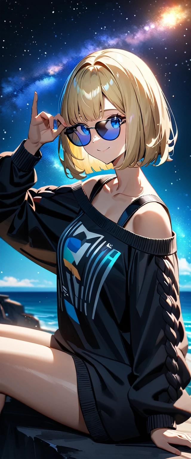 (((a beautiful starry sky, the Milky Way shining beautifully in the night))), ((bare legs)), (((sunglasses, hand to sunglasses))), (Aran sweater), ((((from side)))), upper body, ((sitting on the very high cliff)), wavy hair, inward curled hair, sea, beach, ((blond hair, bob cut:1.3)), breasts, teenager, (looking at viewer), oversized clothes, puffy long sleeves, ((off-shoulder sweater:1.3, Quite thick shoulder straps)), ((black sweater)), collarbone, head tilt:1.3, (((blue eyes))), happy smile, (((anime style))), (best quality, 4K, 8K, highres, masterpiece:1.2, ultra-detailed, ultra-detailed eyes, HDR, uhd, studio lighting, ultra-fine painting, sharp focus, physically-based rendering, extreme detail description, professional, vivid colors, bokeh)