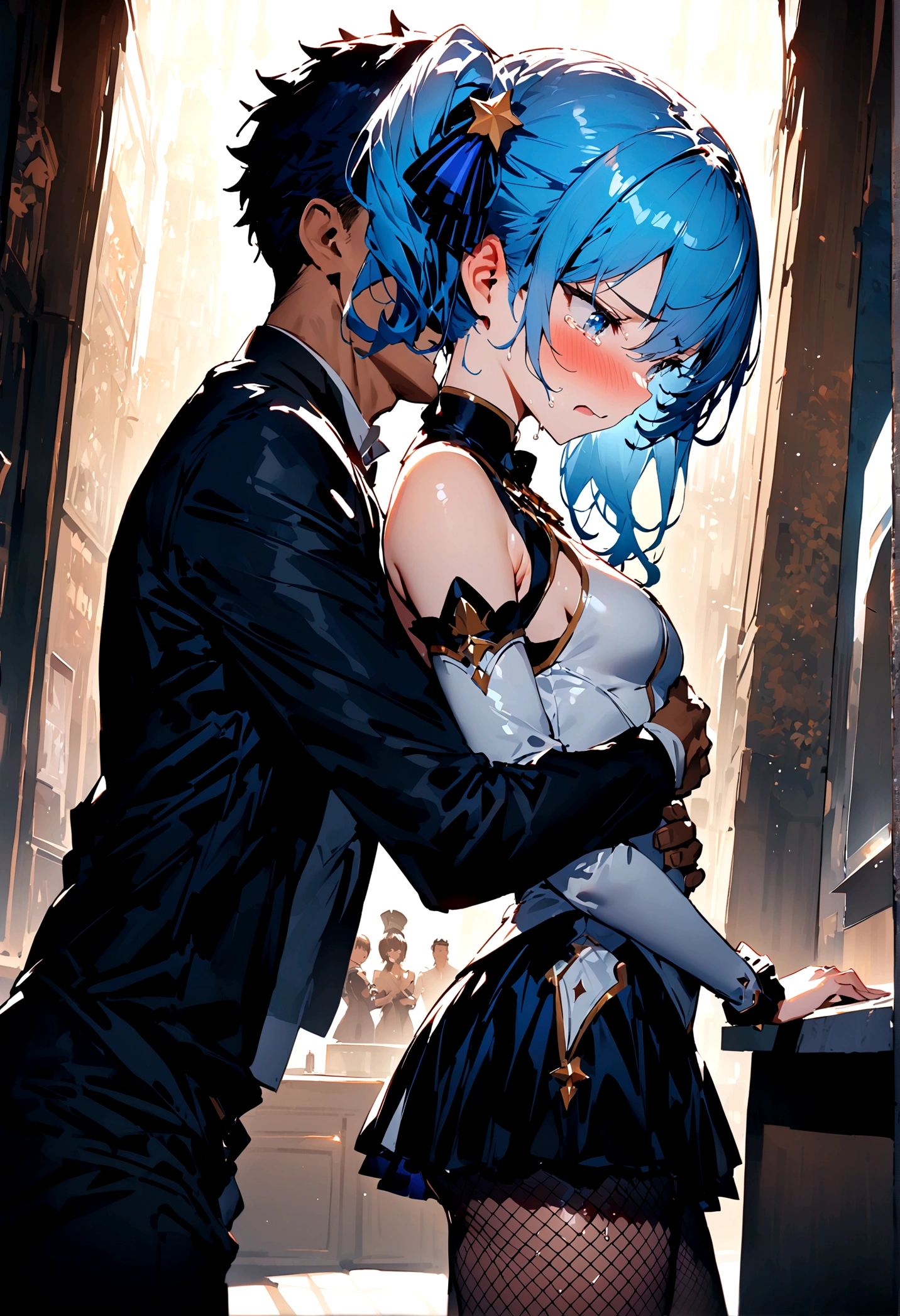 NSFW,masterpiece,Highest quality,High resolution,Super detailed,Star Town Suisei\(Hololive\),Blue Hair,One Side Ponytail,Blue Eyes,Small breasts,White leotard,High leg,Removable sleeves,Micro Mini Skirt,Fishnet tights,Adventurer's Guild,Reception counter,Embarrassed,blush,Expecting face,(Molester),(Strong-faced men),A man puts his hands on her waist and hugs her,Surrender,Get close,From the side,Crying face