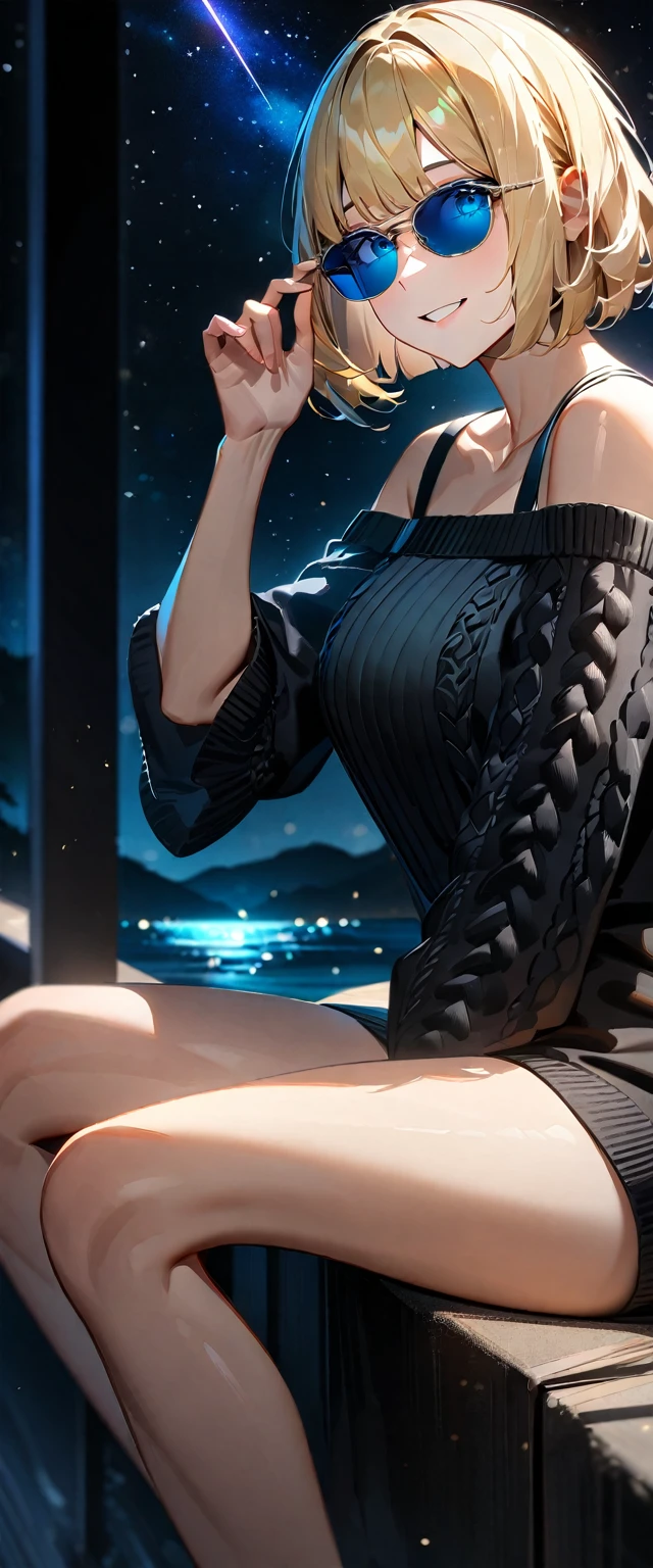 (((countless stars twinkling in the clear air, A meteor shower dancing in the night sky, countless stars twinkling in the clear air))), ((bare legs)), (((sunglasses, hand to sunglasses))), (Aran sweater), ((((from side)))), upper body, ((sitting on the very high cliff)), wavy hair, inward curled hair, sea, beach, ((blond hair, bob cut:1.3)), breasts, teenager, (looking at viewer), oversized clothes, puffy long sleeves, ((off-shoulder sweater:1.3, Quite thick shoulder straps)), ((black sweater)), collarbone, head tilt:1.3, (((blue eyes))), happy smile, (((anime style))), (best quality, 4K, 8K, highres, masterpiece:1.2, ultra-detailed, ultra-detailed eyes, HDR, uhd, studio lighting, ultra-fine painting, sharp focus, physically-based rendering, extreme detail description, professional, vivid colors, bokeh)