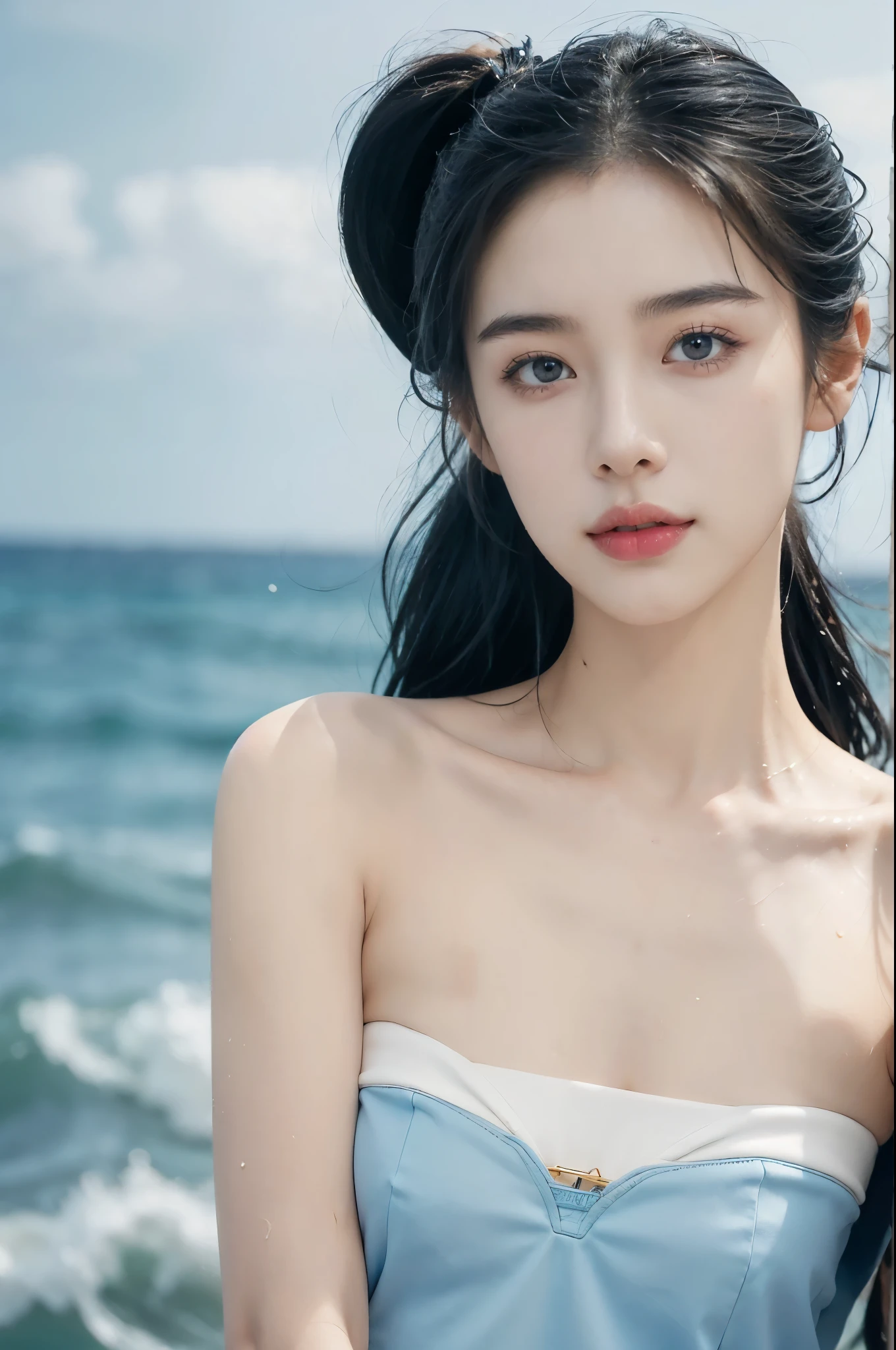 "(((best quality))), (((ultra detailed))), (((masterpiece))), illustration,((1 beautiful young girl,solo)),((slim,thin)),(strapless vibrant floral bra:1.3),((small breasts,flat chest)),(short ponytail:1.2),((shiny skin,sweat,wet)),seaside, summer, joyful, playful, physical features, smooth fair skin, gentle sea breeze, endless azure sky, picturesque backdrop, whiteness of sand, deep blues of the sea, waves crashing, internal turmoil, transformation, standing on the cusp of womanhood, confidence, sexuality, metaphorical plunge, next chapter of life,significance of the moment, beauty of the seaside, celebration of youth, excitement of summer ahead,((from front,close-up of face))