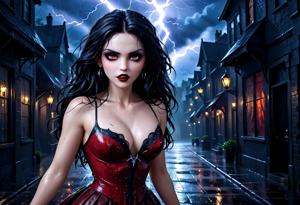 a female vampire (dancing: 1.3) in the rain during lightning storm, goth art, dark fantasy art, glamours (vampire: 1.5) model shot, RAW, award winning picture of a female vampire, dynamic hair color, dynamic hair style, pale skin, full body, busty woman, (most beautiful face: 1.3), (ultra detailed face: 1.2), long hair, wavy hair, pale skin, wearing lace dress, wet dress, dynamic color, dynamic style dress, (intense detailed dress: 1.3), wearing intricate high heels, light make up, modern day high society street in a (lightning: 1.3) storm heavy rain, sense of glorified sensation in the storm, (anatomically correct: 1.4), (full body shot: 1.1) , vibrant, Ultra-high resolution, High Contrast, (masterpiece:1.5), highest quality, Best aesthetics), best details, best quality, highres, ultra wide angle, 16k, [ultra detailed], masterpiece, best quality, (extremely detailed), Intense Gaze, goth person, dark person