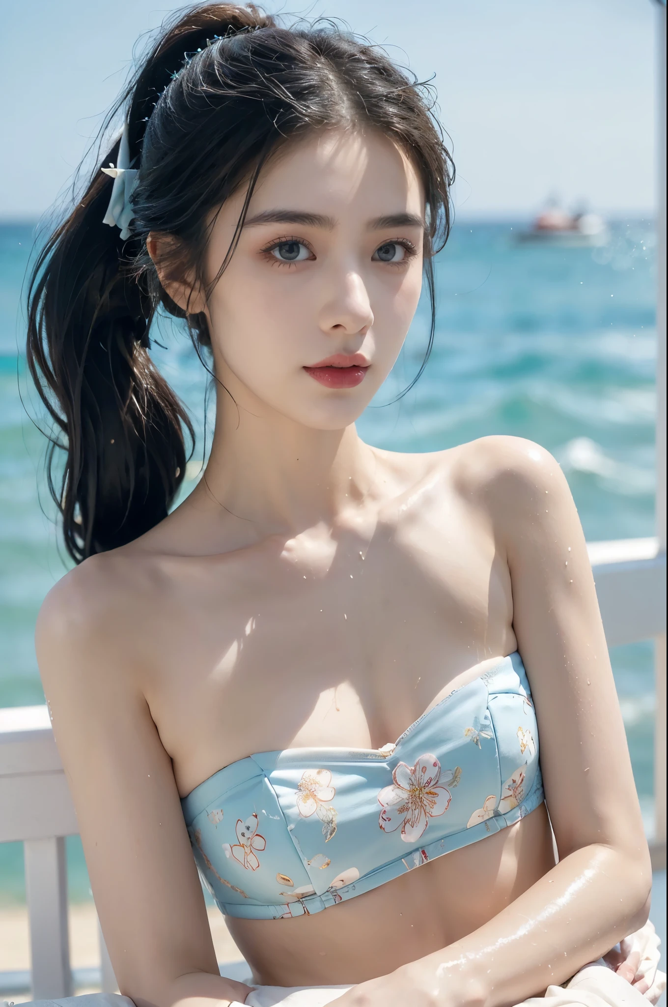 "(((best quality))), (((ultra detailed))), (((masterpiece))), illustration,((1 beautiful young girl,solo)),((slim,thin)),(strapless vibrant floral bra:1.3),((small breasts,flat chest)),(short ponytail:1.2),((shiny skin,sweat,wet)),seaside, summer, joyful, playful, physical features, smooth fair skin, gentle sea breeze, endless azure sky, picturesque backdrop, whiteness of sand, deep blues of the sea, waves crashing, internal turmoil, transformation, standing on the cusp of womanhood, confidence, sexuality, metaphorical plunge, next chapter of life,significance of the moment, beauty of the seaside, celebration of youth, excitement of summer ahead,((from front,close-up of face))