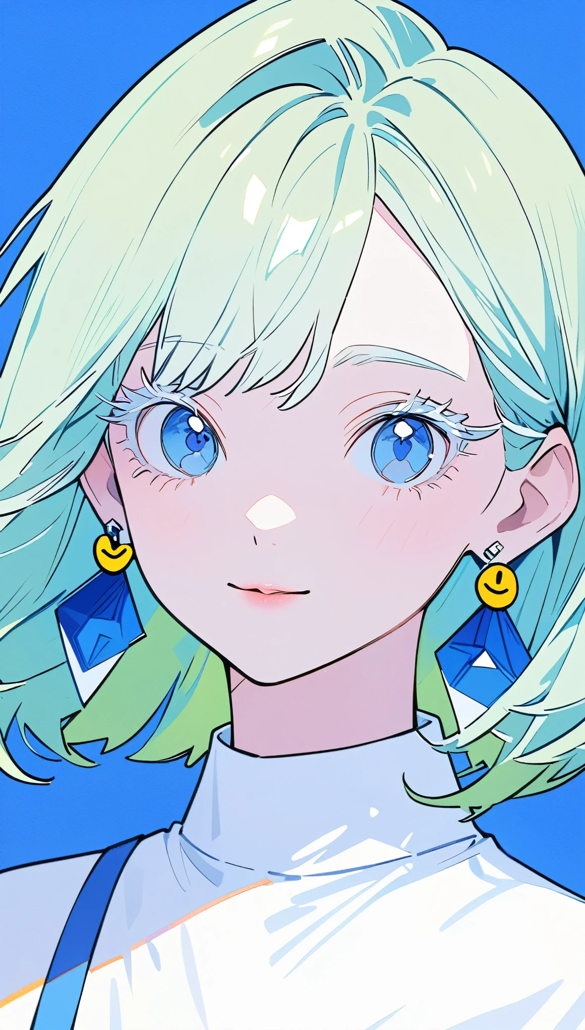 The Minimalists，Fashion Girl，Blue Background，Green Hair，Wearing special earrings，Clear eyelashes，Bright blue eyes，Clean通透的眼珠，closure，Smiley face flat illustration，geometry，Clean