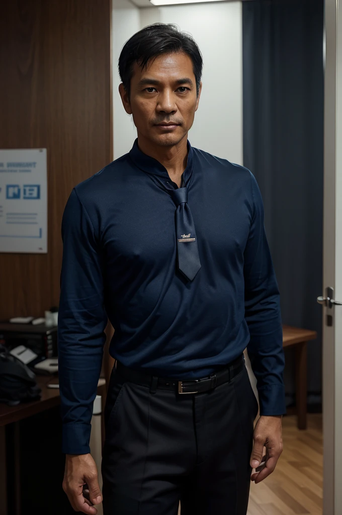 Thai person,45 years old,fit,long sleeve shirt,dark blue,Tie, The body looks great.,
handsome,cool,Office,soft light, Masterpiece, best quality, 8K, dslr, Film texture,Fujifilm XT3 photorealism by midjourney and greg rutkowski