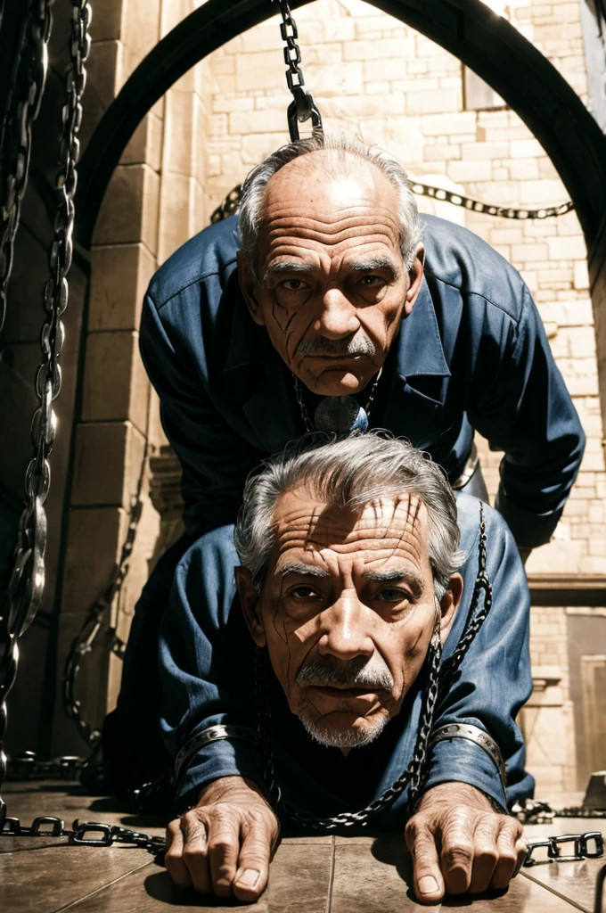 a 60 yearys old man tied with a chains on the tower, perfect face, face detailed, upper down view, his body full with scars, tiredless, bend down head. foot on tower floor