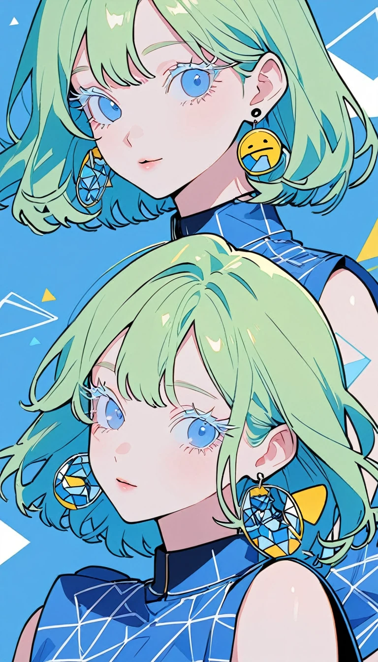 The Minimalists,Fashion Girl,Green Hair,Blue Background,Wearing special earrings,Clear eyelashes,Bright blue eyes,Clean通透的眼珠,Smiley face flat illustration,geometry,Clean