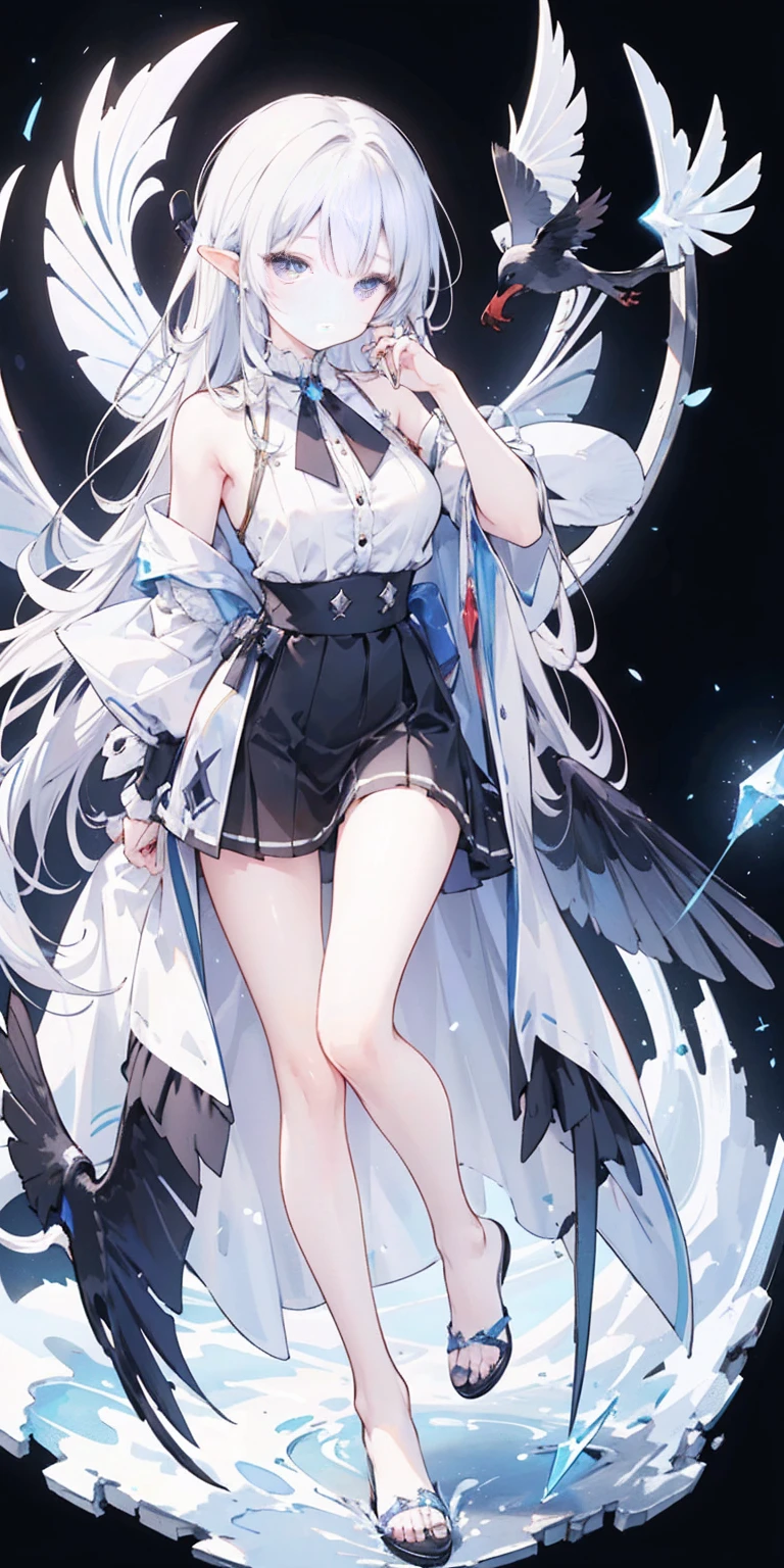 Oil painting frame,Big Perspective,Wide Angle,Impactful graphics,floating,sideways,Character Close-up,4K,masterpiece,best quality,ruins,(Transparent skirt,black background),Clear,master,Various actions,Full body portrait,portrait,1 female, (Mature),Long face,Pointed face,White long hair,Fairy,gemstone crow,Wings Dress, Mecha,Fairy air,ribbon, diamond, Bare shoulders, crow, Looking at the audience, in the sky, fLight, Vibrant colors, Light, masterpiece, best quality, flight,Mature,asymmetrical clothes,HighLights,Long skirt,Own,Personal Photography
