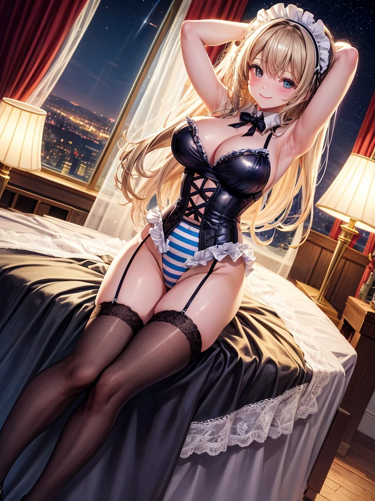 Highest quality,Highest Resolution,Smiling beautiful girl in maid leotard,Big Breasts,Super High Leg,Striped knee-high stockings,Frills,garter belt,Bedroom,Night view outside the window,Standing posture,front,whole body,Place your hands behind your head.,