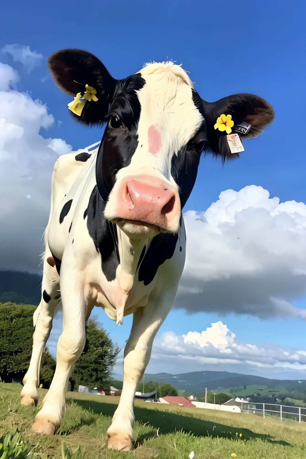 ((best qualityer)), ((work of art)), (detailded), Create an illustration of a cute and beautiful cow. The cow must have a gentle and expressive look, with big bright eyes and a friendly smile. Its coat should be smooth, with white and black spots harmoniously distributed. Add a lush green countryside backdrop, with colorful flowers and a clear blue sky. The cow could be wearing a straw hat or a flower crown to add to the cuteness..