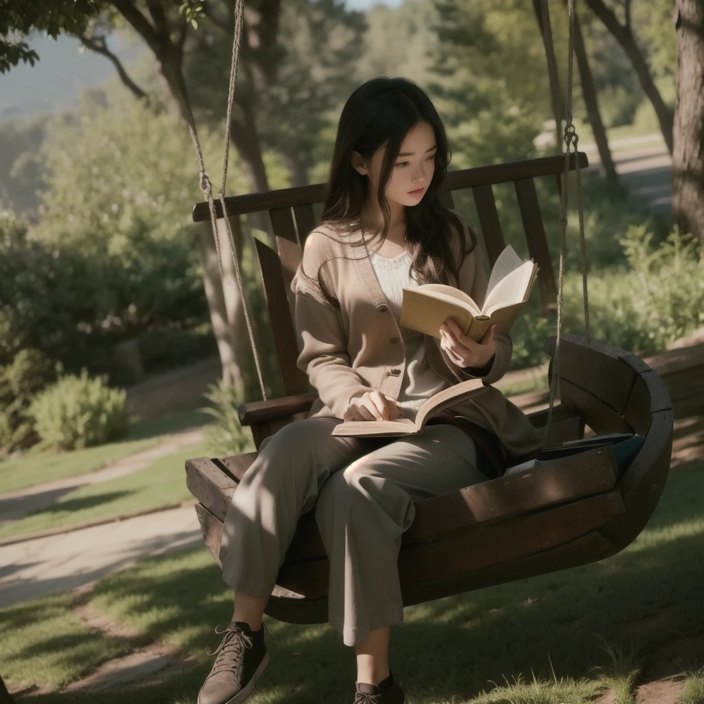 a girl sitting on a swing reading a book, real movie scene, reading a book, reading a new book, reading under a tree, movie screenshot, real movie scene, opening scene, movie promotional photo, movie screenshot, the aesthetics of storytelling, children's literature, movie screenshot, magical scene