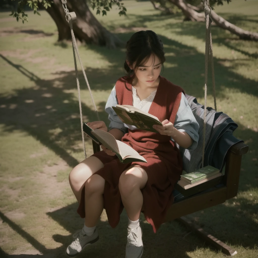 a girl sitting on a swing reading a book, real movie scene, reading a book, reading a new book, reading under a tree, movie screenshot, real movie scene, opening scene, movie promotional photo, movie screenshot, the aesthetics of storytelling, children's literature, movie screenshot, magical scene