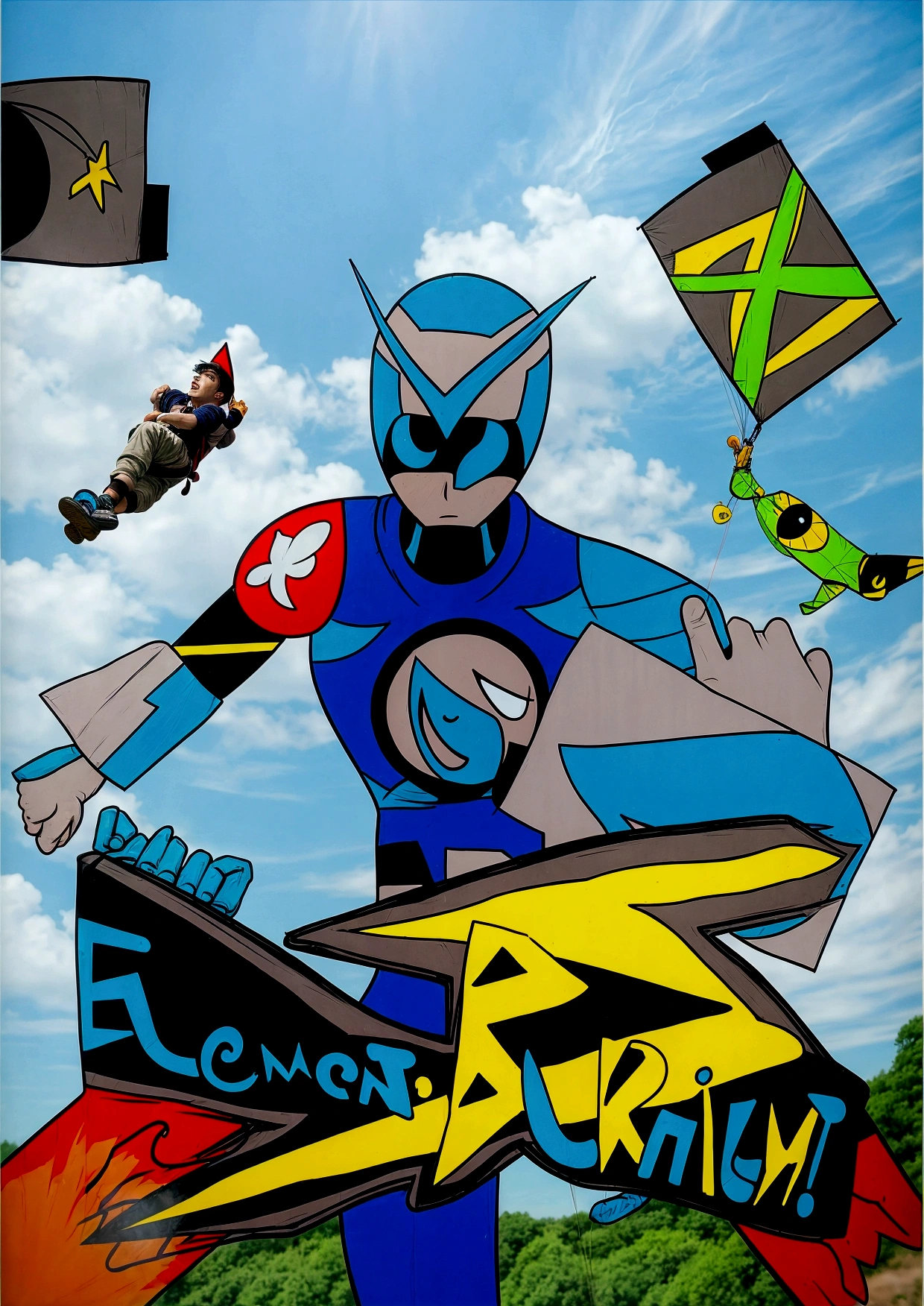 there is a cartoon of a man holding a kite and a sign, an epic anime of a energy man, promotional art, comic book's cover, official art, official artwork, promotional artwork, flying anime esper, comic cover, tekkon kinkret, kamen rider character, g - man ending, anime cover, digital art!!, eboy, art cover