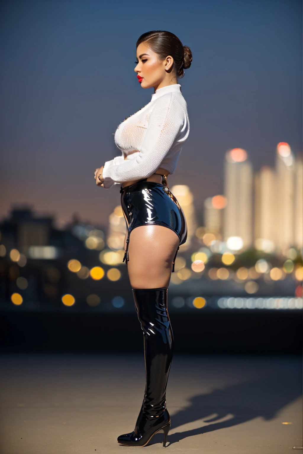 masterpiece, high quality, worn white sweater, ((knee height black latex tight stocking)), (mini black tight skirt with garter belt to stocking:1.3), (curvy and voluptuous body:1.2), (seductive model walking), (((full body side view:1.3))), stiletto high heel, (vibrant garden park background), (cinematic star shaped bokeh background blur:1.2),