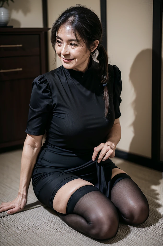 (masterpiece:1.4),(Beautiful 61 year old woman:1.5),(Facial wrinkles : 1.2), (facing away : 1.1), happy, smile, (side-ponytail : 1.1), (short sleeve black mourning dress), (mid-length dress), (black nylon tights : 1.2), Motherhood Mature Woman, plump thighs, (on knees : 1.1), on tatami, japanese house