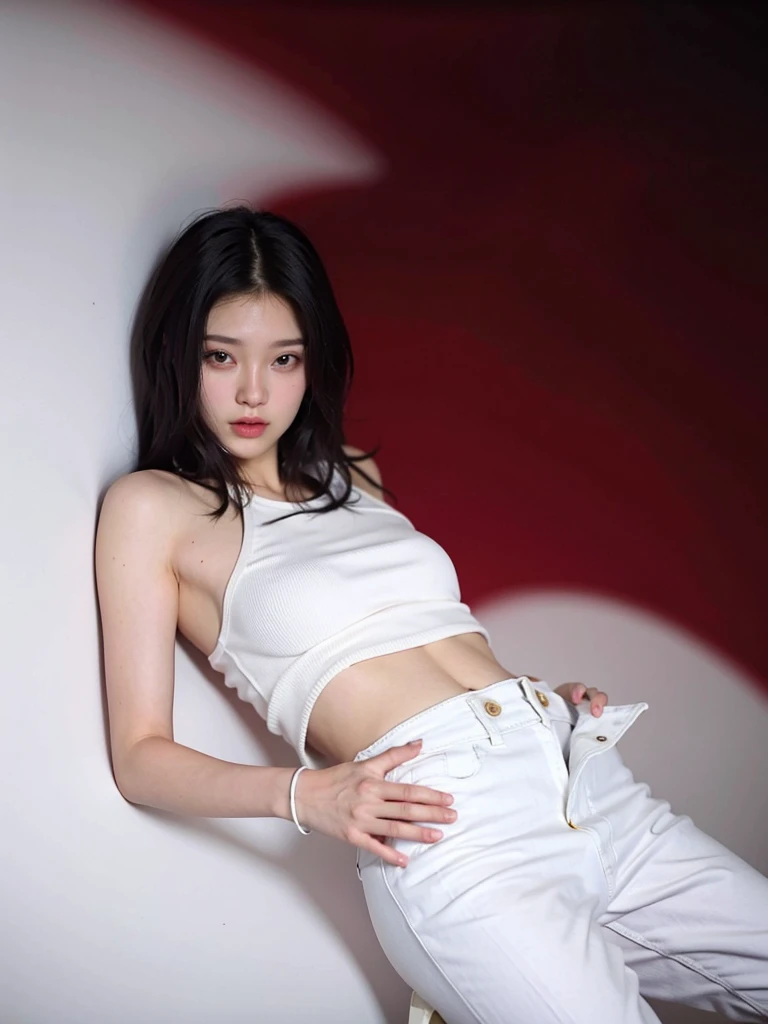 Cool beauty，Looks sweet. Wearing white tanktop, blue denim pants, open pants, show black panties, natural big breast, plump body, big thigh. Black pants. Red background.