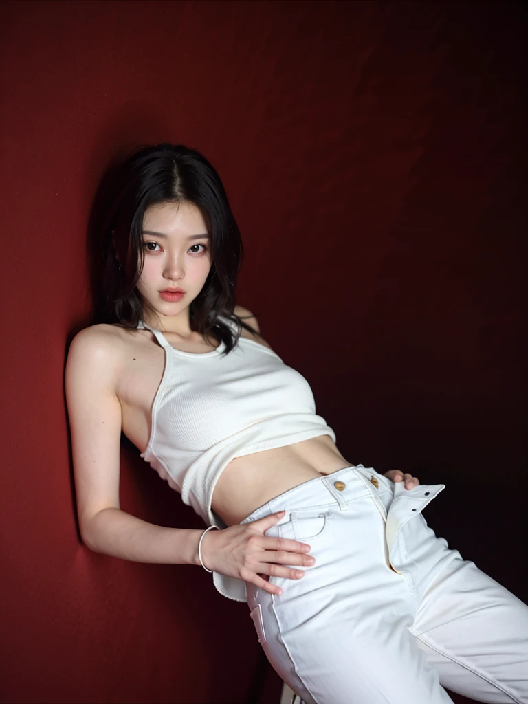 Cool beauty,Looks sweet. Wearing white tanktop, blue denim pants, open pants, show black panties, natural big breast, plump body, big thigh. Black pants. Red background.