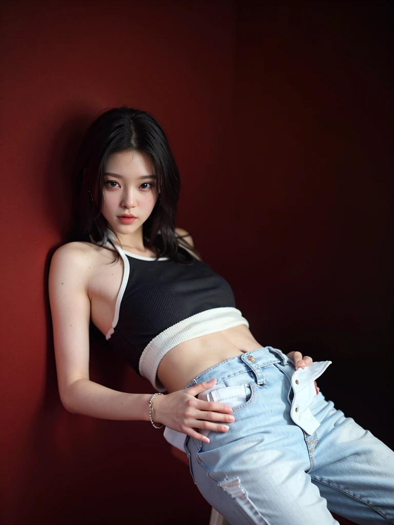 Cool beauty,Looks sweet. Wearing white tanktop, blue denim pants, open pants, show black panties, natural big breast, plump body, big thigh. Black pants. Red background.