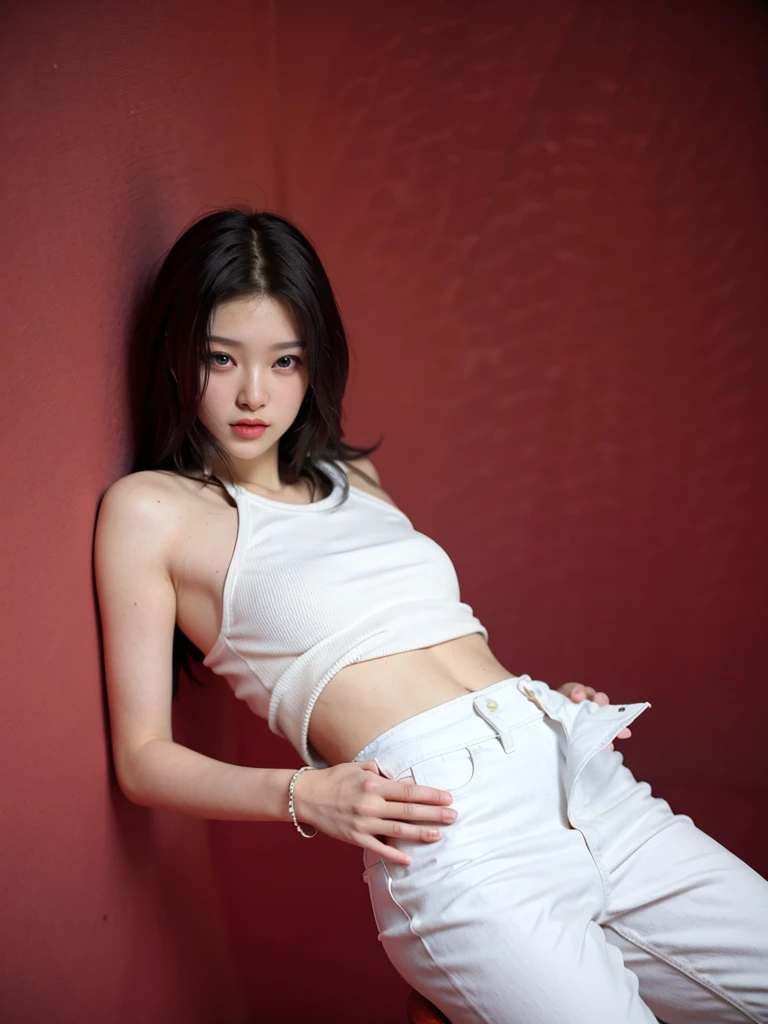 Cool beauty，Looks sweet. Wearing white tanktop, blue denim pants, open pants, show black panties, natural big breast, plump body, big thigh. Black pants. Red background.