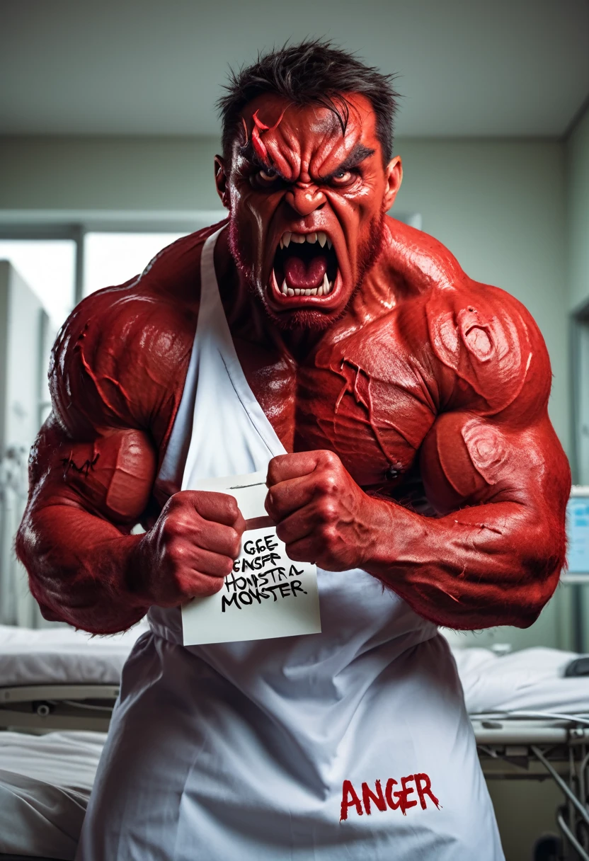 Massive monster, extremely muscular. His skin is all red and his face shows an expression of rage. He wears a hospital patient outfit on it holding it written anger. [Monster] [Red] [Anger] [Muscular]