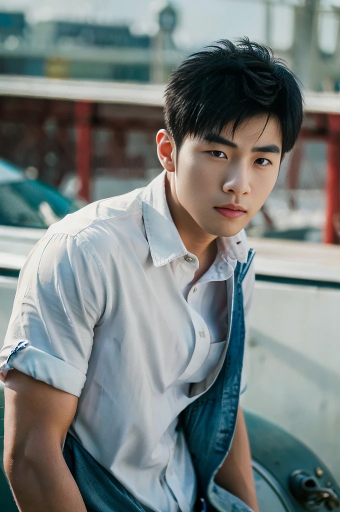 photorealistic ,A young Asian man with large muscles looks at the camera. In a white button-down shirt , seaside beach sunlight looking at the airport