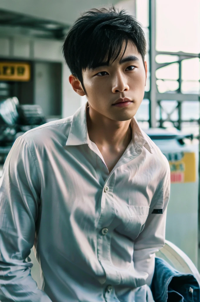 photorealistic ,A young Asian man with large muscles looks at the camera. In a white button-down shirt , seaside beach sunlight looking at the airport