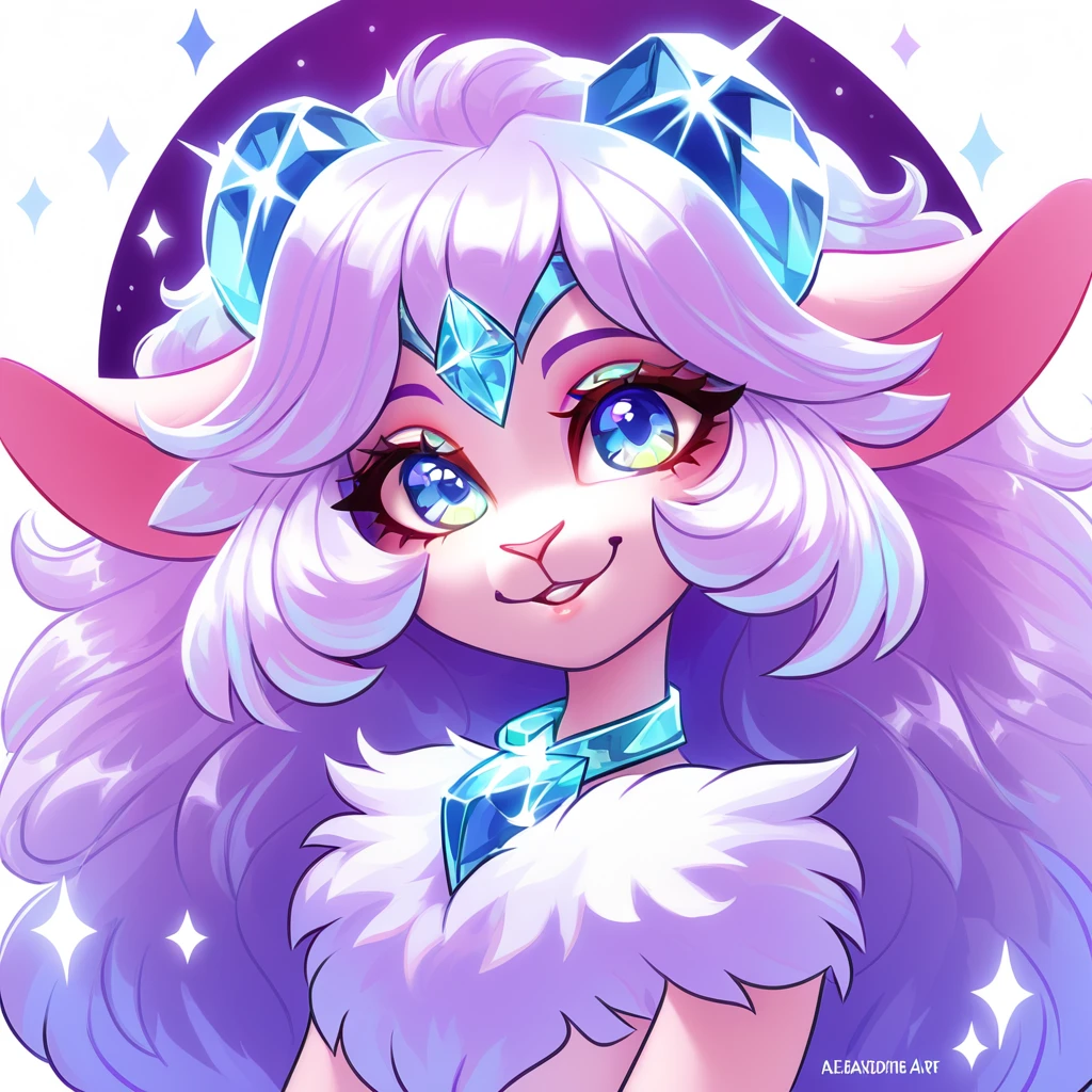 fluffy lamb with a shimmering forehead jewel in alexandrite art style