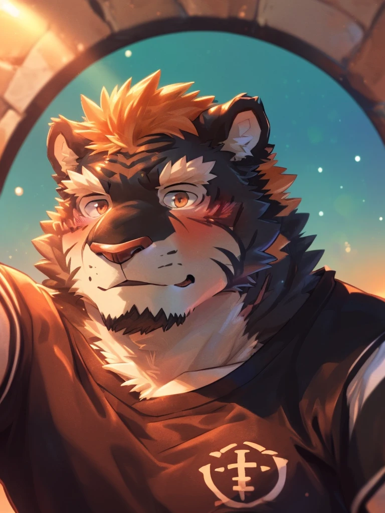 human nature, wild animals, male,18 years old, solitary, ((round face, The face is plump,Orange eyes,thick orange hair,Scars)), ((endomorph, Handsome,passionate)), (sportswear,Broken clothes), ((domestic tiger, tiger,) Fluffy fur, Fluffy), Bokeh, (high quality, High resolution, masterpiece), (Dynamic lighting, bright colors), (promotion,Injuried,Contempt), Full body pictures (close up), cartoon, author:Takemoto Arashi, From Zixiong, Through Chun Ni, author:Sky Demon,((First-person perspective)) (( ((Wall Dong)) 16K ((Black fur):1.5) male ((looking into camera:1.5)) ((blush:1.2)) 16K