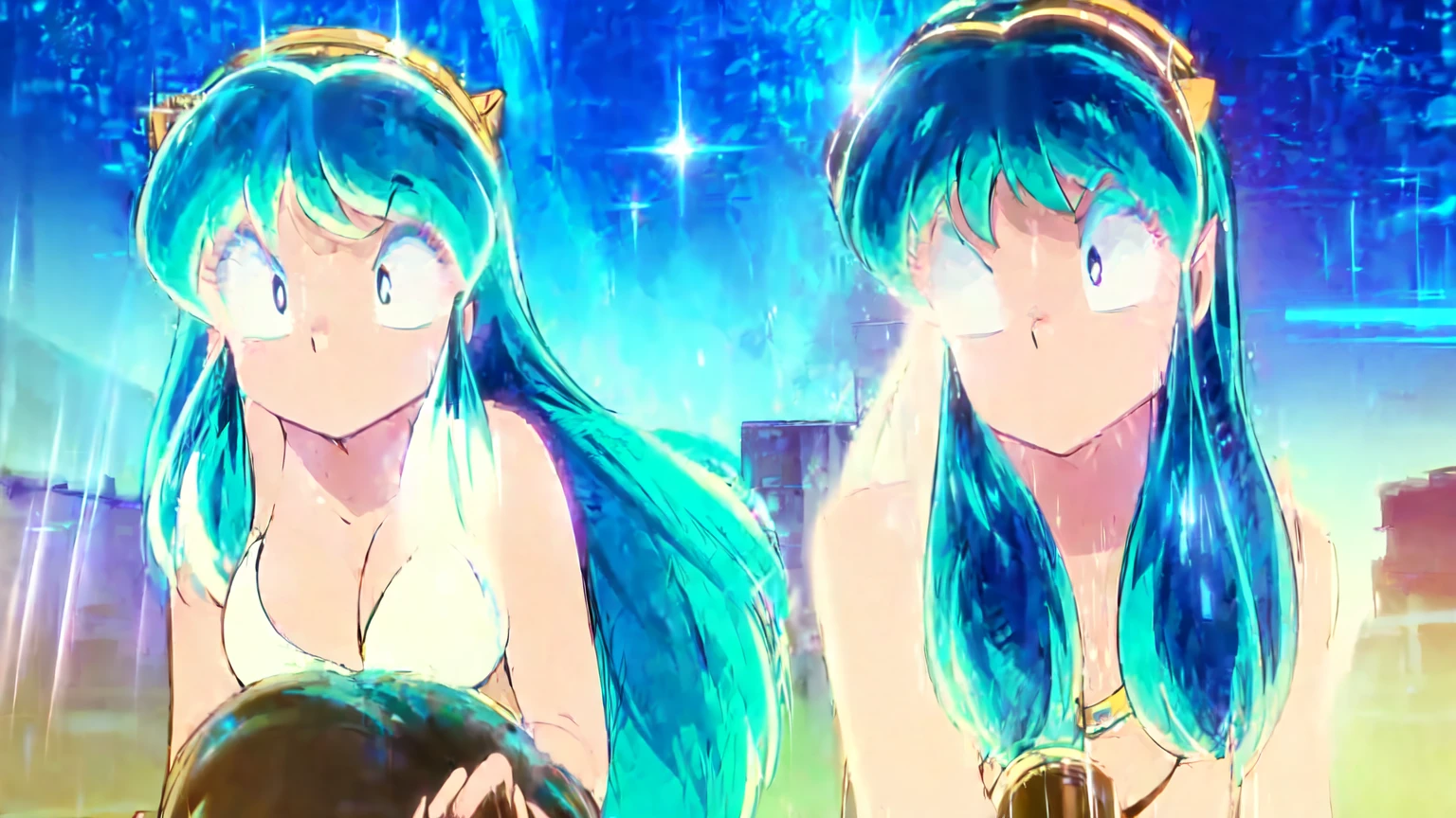 (score_9, score_8_up, score_7_up), AtaruMoroboshi,1boy, a boy on a motorcycle carrying a girl, boy wearing helmet, BREAK, lum, 1girl, long hair, bangs, blue hair, blue eyes, aqua hair, horns, eyeshadow, large breasts, looking at viewer, blush, not wearing helmet, beautiful detailed face, beautiful detailed eyes, extremely detailed face, photorealistic, high quality, 8k, masterpiece, cinematic lighting, vibrant colors, dramatic lighting, epic, adventure, motion blur, dynamic composition, detailed background, lush vegetation