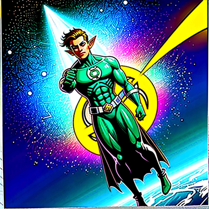 A captivating work of pop art by artist Cepriu, featuring a seductive Green Lantern elf flying through space. The illustration has a vintage comic book feel, with the charming elf looking at the viewer, showing off a luminescent Green Lantern ring on his finger, his fist clenched and leaving a trail of swirling green energy in his wake... The background shows the immensity of space., with a distant Earth visible. This work combines elements of illustration, typography, poster design and chart to create a dark fantasy masterpiece., typography, illustration, chart, poster, dark fantasy