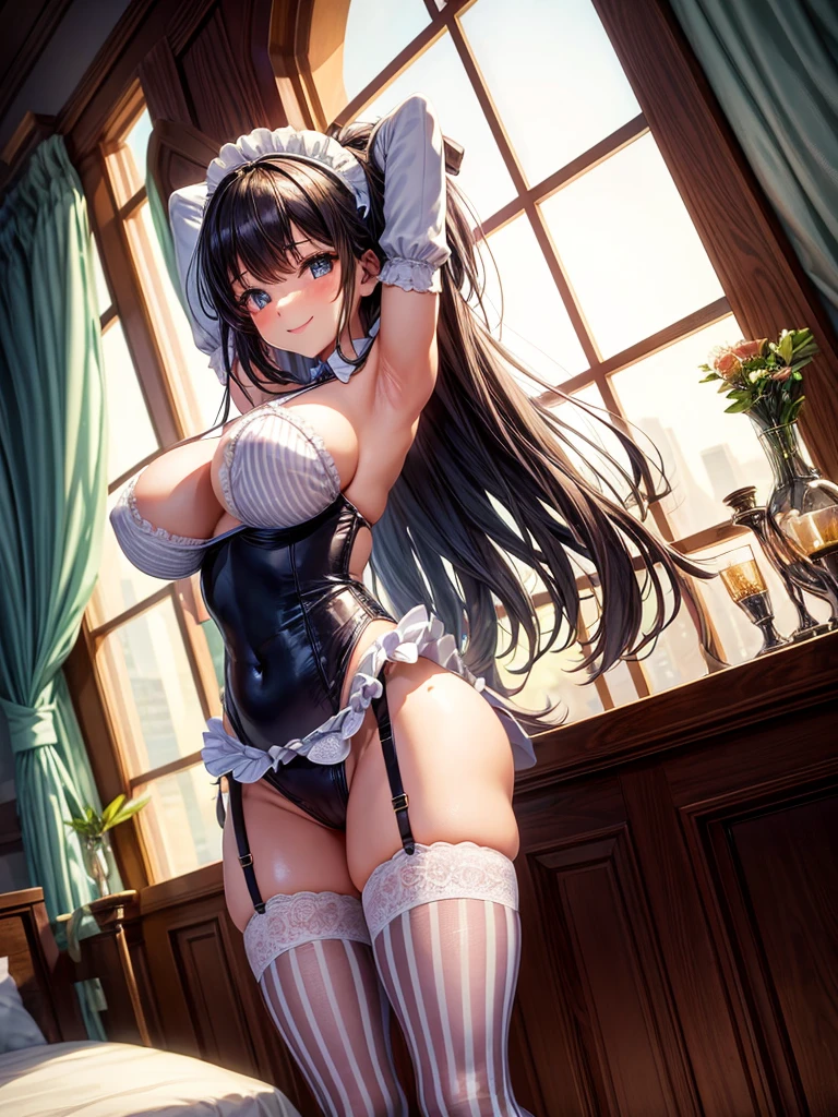 Highest quality,Highest Resolution,Smiling beautiful girl in maid leotard,Big Breasts,Super High Leg,Striped knee-high stockings,Frills,garter belt,Bedroom,Night view outside the window,Standing posture,front,whole body,Place your hands behind your head.,