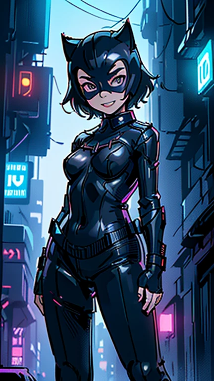 best quality,masterpiece,1girl,solo,(((13years old))),japanese girl,an extremely cute and beautiful girl,highly detailed beautiful face and eyes,petit,cute face,lovely face,baby face,shy smile,show teeth, Black hair,short hair,flat chest,skinny,slender,(((wearing a Catwoman costume,black helmet, black domino mask))),(((standing in Dark Midnight Neon Glow light Cyberpunk Gotham City))),he is looking at the viewer,