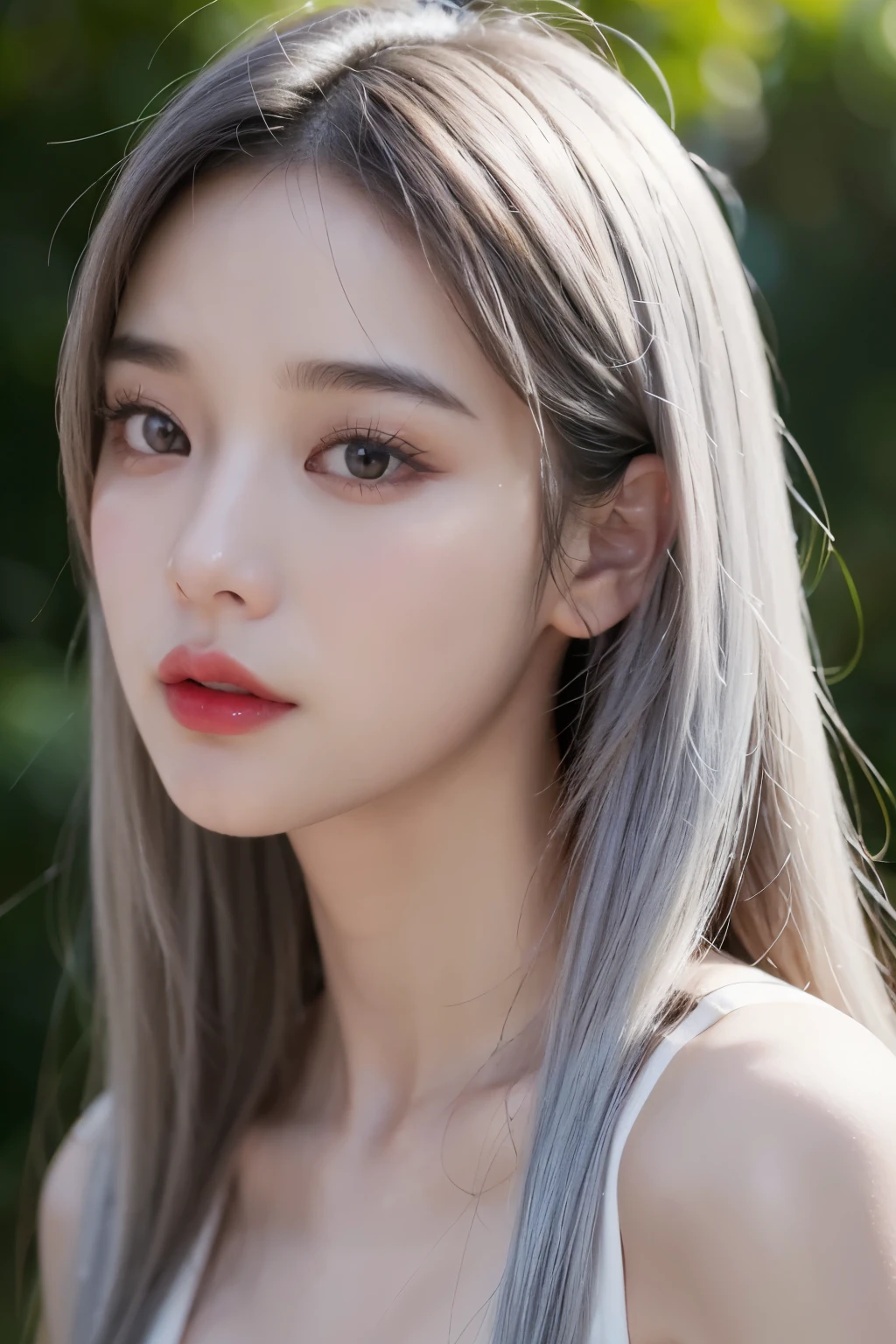 High-quality work,Realistic works,Super premium graphics,Photo Cinematic, detailed facial features, what makeup, realistic skin, be born, phantom high speed camera, Shadow play, surrealism, Detail Face - AR 16:9 --s 750 --v 5.2, 8K, masterpiece, gray hair, sexy lips, red lips, natural makeup, beauty asian girl, Korean woman, red velvet, black pink, Espa