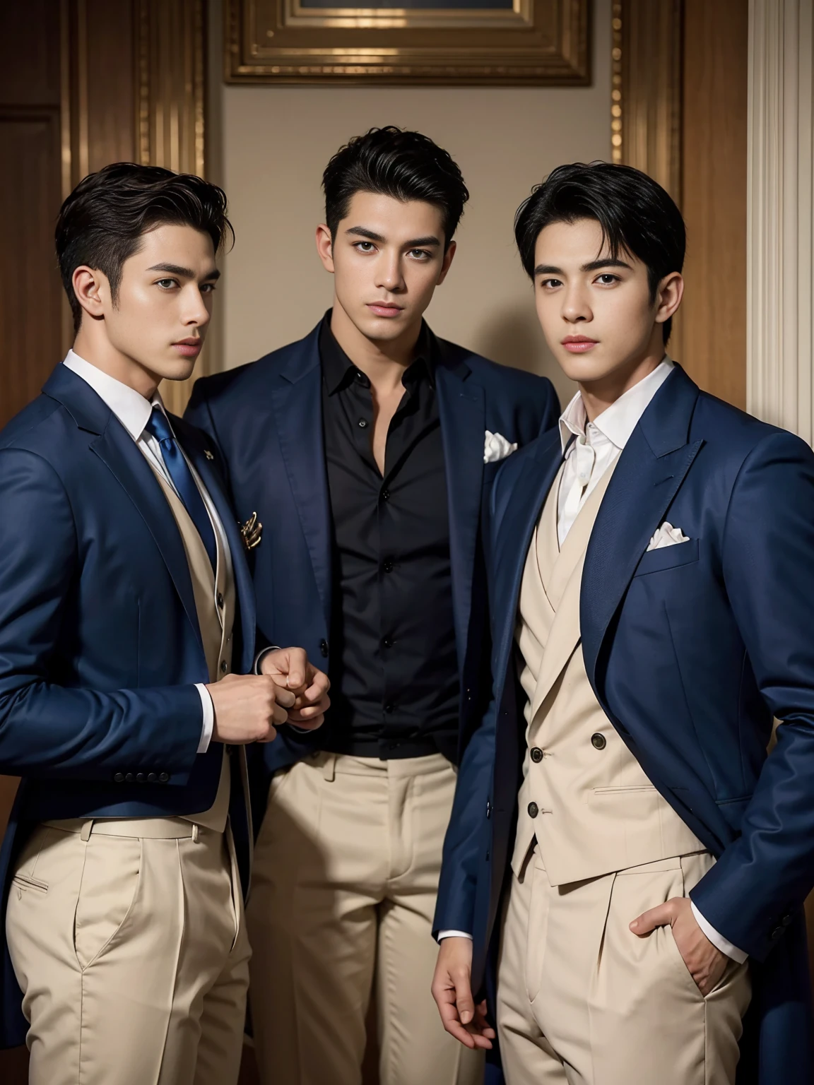 ((masterpiece)),((best quality)),8K,high detail,Very detailed, Very manly,3 men, like,fashion pose, Realistic skin texture, Light,
Royal blue style couple