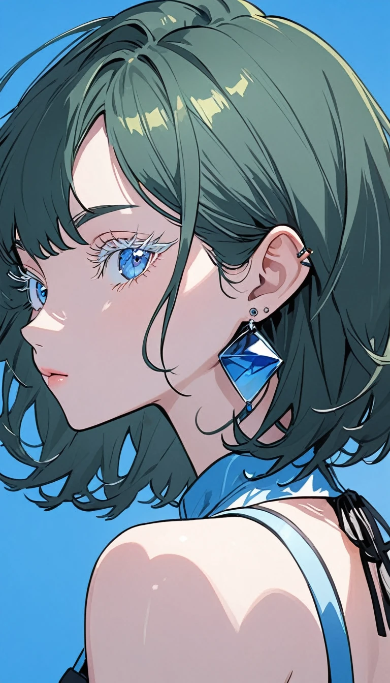 The Minimalists,Fashion Girl,Dark green hair,Blue Background,Wearing special earrings,Clear eyelashes,Bright blue eyes