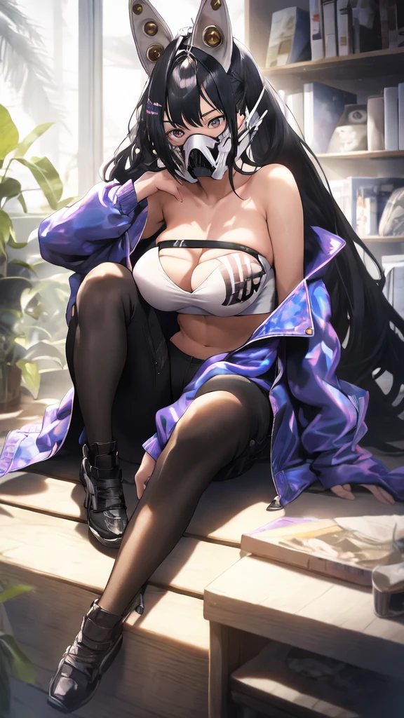 masterpiece, best quality, 1girl, solo, sitting, sin \(nikke\), mask, jacket, pants, fake animal ears big tits
