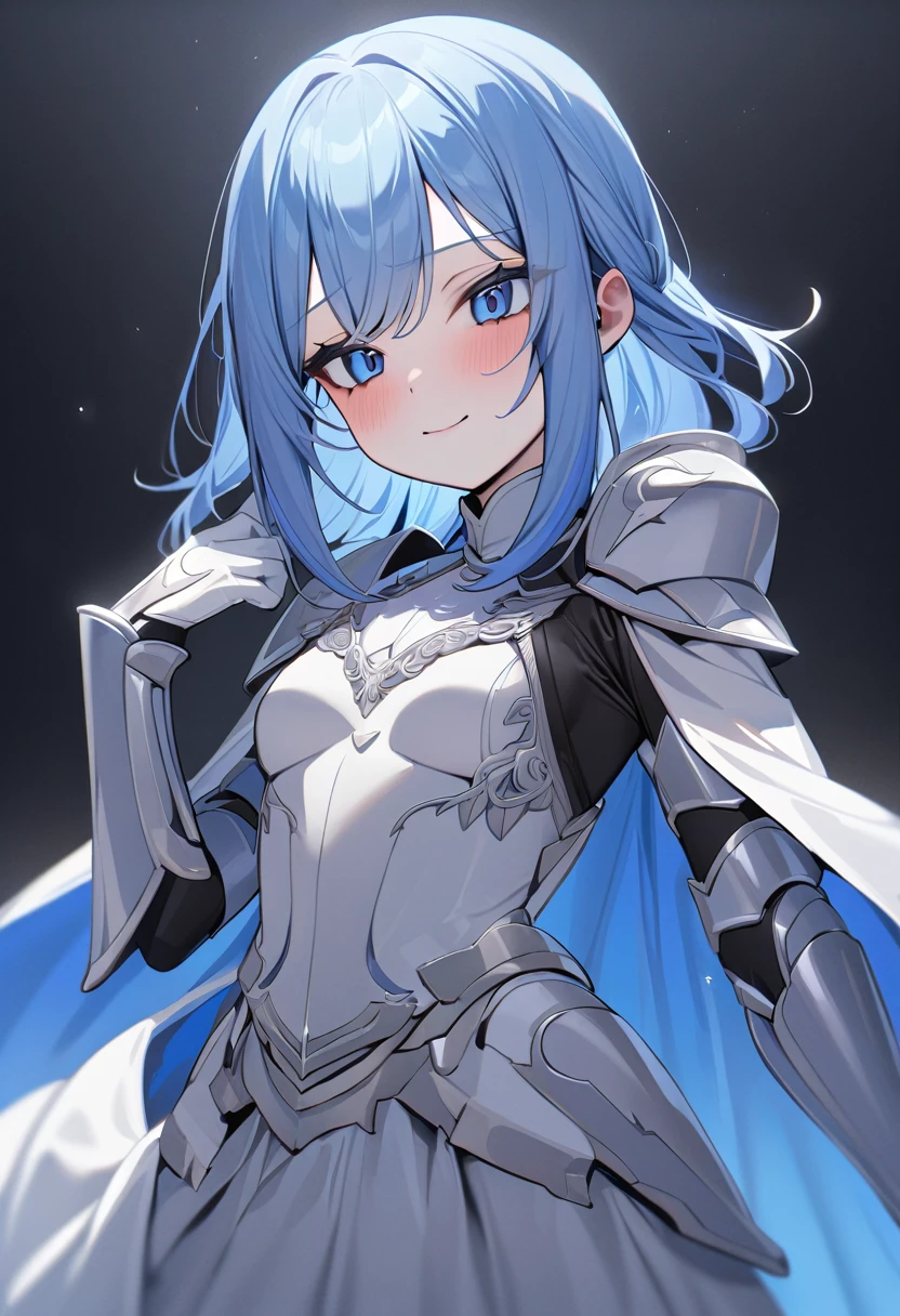 (masterpiece, top quality, very aesthetic, super detailed), intricate detail, 1girl,stand、upper body:1.3、
kind eyes、tareme:1.4,Hollow Eyes:1.3、Cute Face、blue hair:1.5、middle hair,sidelock :1.4,,blue eyes:1.2、clear face、solo、white chromium,small breasts,waist-cape armor 、armored dress、Princess Knight、Slim Body