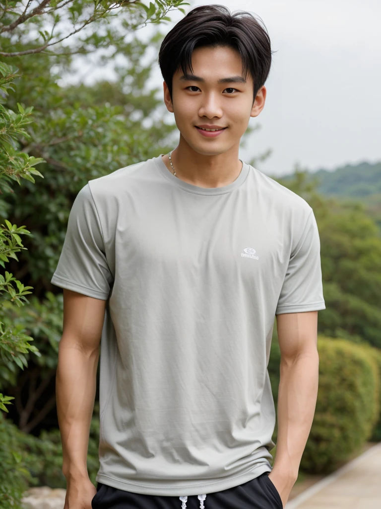 独奏: 1.5, (As a matter of fact, Masterpiece, 8k HD, good light quality, sportswear, fit the face, complicated details), A handsome Korean young man with muscular arms. , 20 years old, be happy, smile brightly, detailed face, delicate eyes, look at the sky, Wear a navy tight T-shirt.:1.6 ,Wear a denim coat., jeans period, black eyes, Black hair color, ผมsmooth, smooth，Surreal，Superb details，Highest quality，real，Open your mouth to talk. , Close your eyes., (Standing in a Thai restaurant, Burmese temple:1.1)