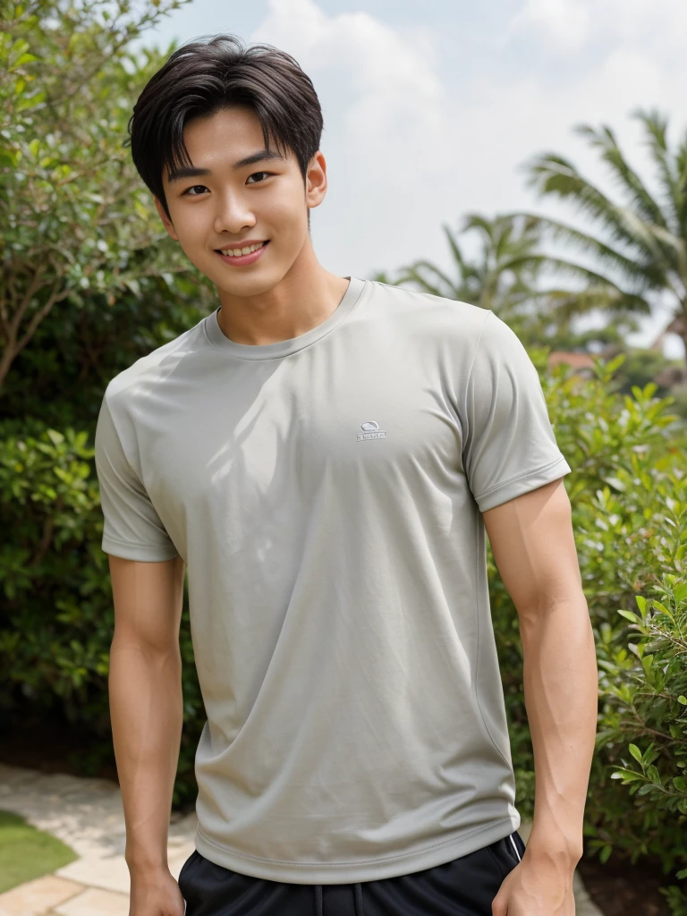 独奏: 1.5, (As a matter of fact, Masterpiece, 8k HD, good light quality, sportswear, fit the face, complicated details), A handsome, muscular young Korean man. , 20 years old, be happy, smile brightly, detailed face, delicate eyes, มองดูsky, Wearing a tight gray t-shirt:1.6, period, black eyes, Black hair color, ผมsmooth, smooth, outdoor sports, Along the garden, Sunny,sky，Surreal，Awesome details，Highest quality，real，Open your mouth to talk. , Close your eyes., Seaside, beach, sunlight, running towards the camera