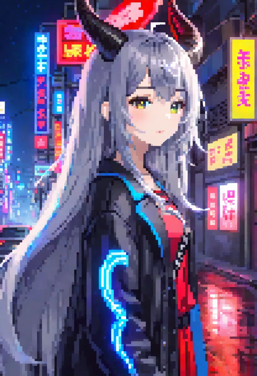 1girl, gray hair、long hair、Ahoge、Neon Night、neon sign、City、red and blue light、Laplus Darknesss、horn