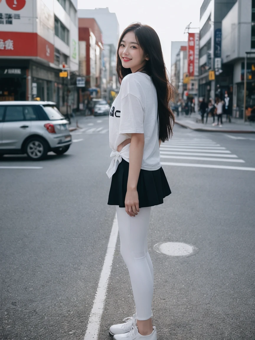 Realistic,score_9, score_8_Excellent, score_7_Excellent, cytologically correct,1人of女性（50s:2.0）,alone,Tie long hair to the side,From before,Face Focus,(View your viewers:1.2),A kind smile（Laugh with your mouth closed:1.2）,Full body portrait(Medium:1.2),bright,Polaroid,(depth_of_Field:1.5),晴れof日,Outdoor,street,目of間of毛,Moody lighting,Lens flare,Available Light,Rim Light,Shining neon lights,Curvy,Standing posture(standing on street corner:1.5),Ｔshirt(Plain:1.7),Ｔshirtをウエストに入れない,Flared mini skirt,leggings,日本of女性