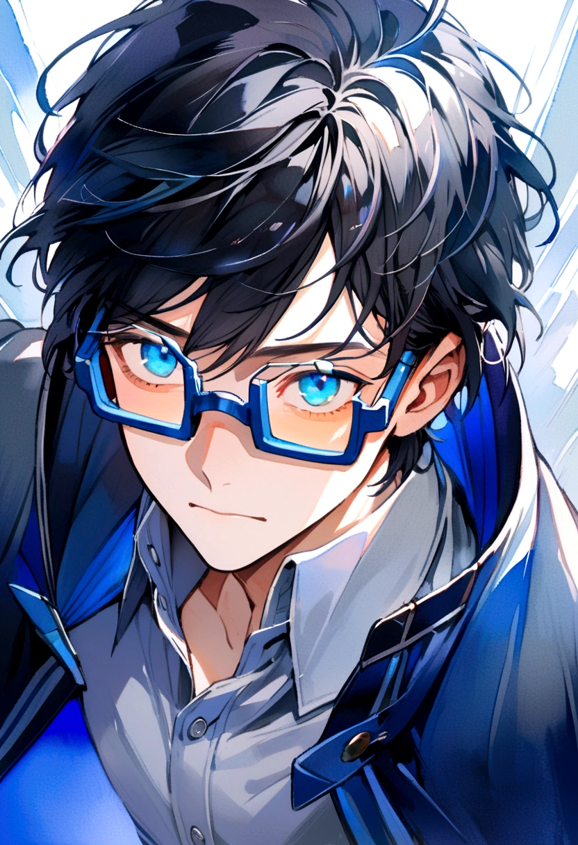 young man, black hair that hits the shoulders wearing square glasses with black and blue rims amidst a blue watercolor