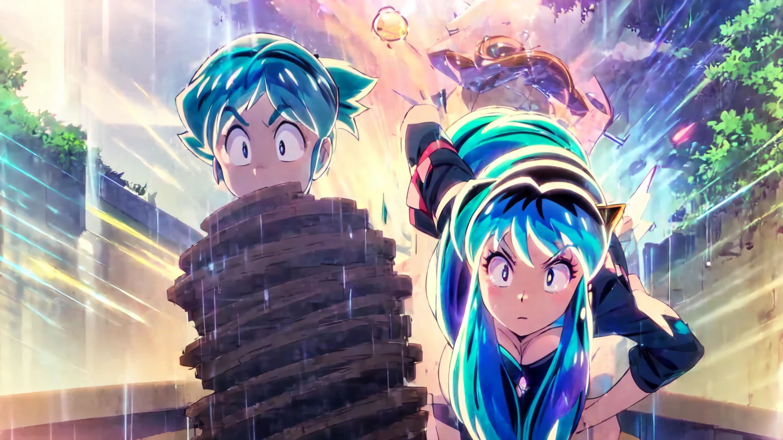 (score_9, score_8_up, score_7_up), AtaruMoroboshi,1boy, a boy on a motorcycle carrying a girl, boy wearing helmet, BREAK, lum,1girl, long hair, bangs, blue hair, blue eyes, aqua hair, horns, eyeshadow, large breasts, looking at viewer, blush, not wearing helmet, beautiful detailed face, beautiful detailed eyes, extremely detailed face, photorealistic, high quality, 8k, masterpiece, cinematic lighting, vibrant colors, dramatic lighting, epic, adventure, motion blur, dynamic composition, detailed background, lush vegetation