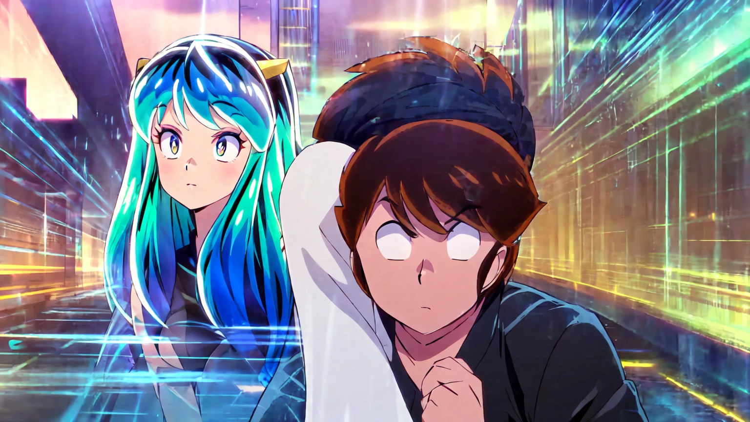 (score_9, score_8_up, score_7_up), AtaruMoroboshi,1boy, a boy on a motorcycle carrying a girl, boy wearing helmet, BREAK, lum,1girl, long hair, bangs, blue hair, blue eyes, aqua hair, horns, eyeshadow, large breasts, looking at viewer, blush, not wearing helmet, beautiful detailed face, beautiful detailed eyes, extremely detailed face, photorealistic, high quality, 8k, masterpiece, cinematic lighting, vibrant colors, dramatic lighting, epic, adventure, motion blur, dynamic composition, detailed background, lush vegetation