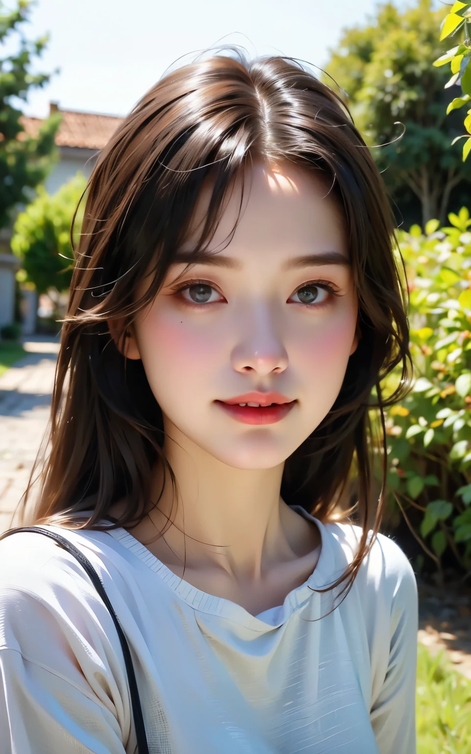 (masterpiece:1.3), (8K, realistic, RAW photos, best quality: 1.4), soft light, professional lighting, 1 woman,  16 years old, neat and clean beauty, closed mouth, laugh, brown medium hair, outdoors
