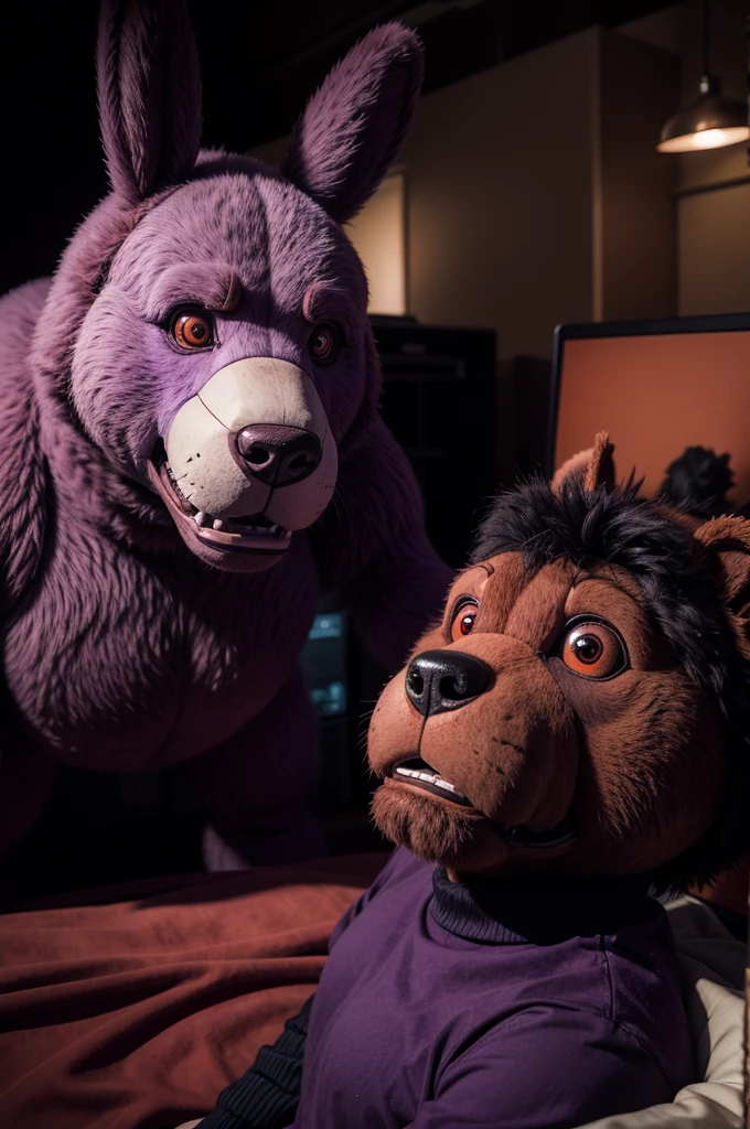 Terrifying animatronic red bear with an animatronic purple rabbit at his side. FNAF style