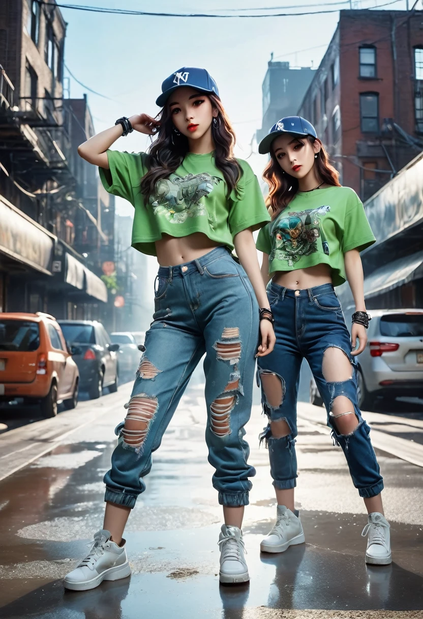 (Hip-hop girls dancing rock in the rain：0.65), （Hip-hop costumes：0.65），(Street Dance:1.5),透明Light线追踪，crazy hip hop style，Baseball cap，Blue denim ripped jeans。Green T-shirt，Surreal, Visual exaggeration, Nano punk,Atomic Punch, gather ,Circuit,Light,♒︎,Pisces, ♓︎,Unreal Engine,Octane Rendering,V-Ray,High Detail ,Super quality,high resolution,Surrealism,16K,Ultra wide angle,satellite view,生物发Light,