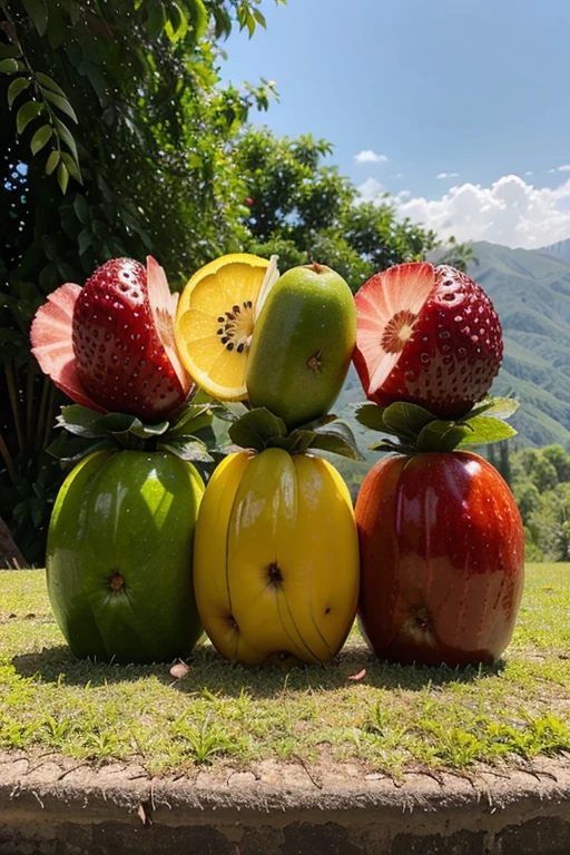 Make a gorgeous picture in which three suitable fruits appear in descending order and looks like eating it in the bank of laks nears hills spot